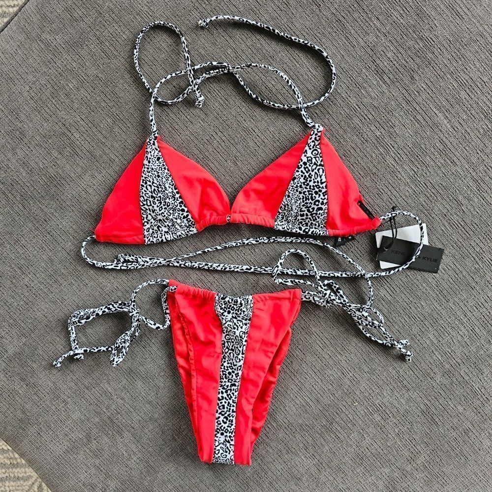 Kendall & Kylie Women's Red Liquid Leo Triangle 2 Piece Bikini Top M & Bottom L